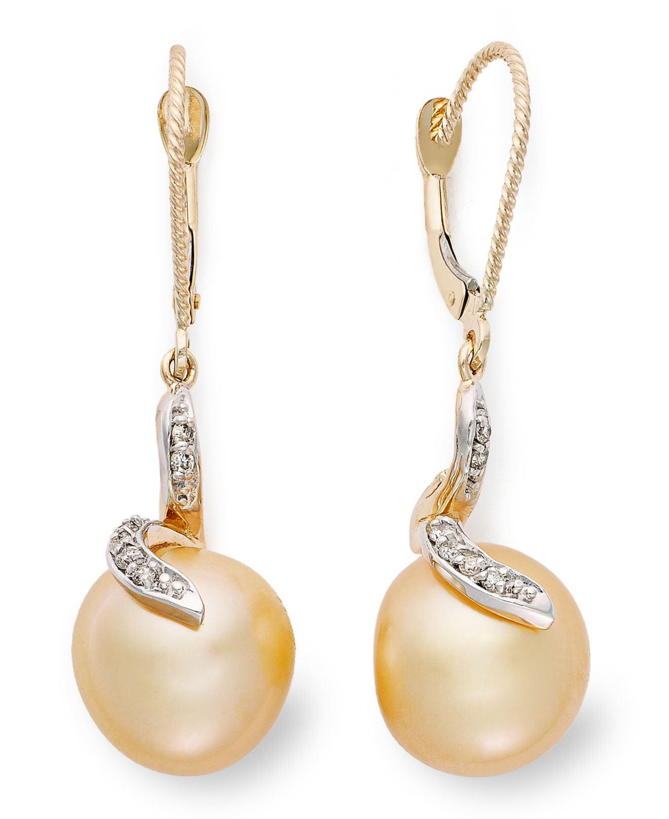 Macy&#39;s Us 14K Gold Earrings, Cultured Golden South Sea Pearl (11Mm) And Diamond (1/8 Ct. T.W ...