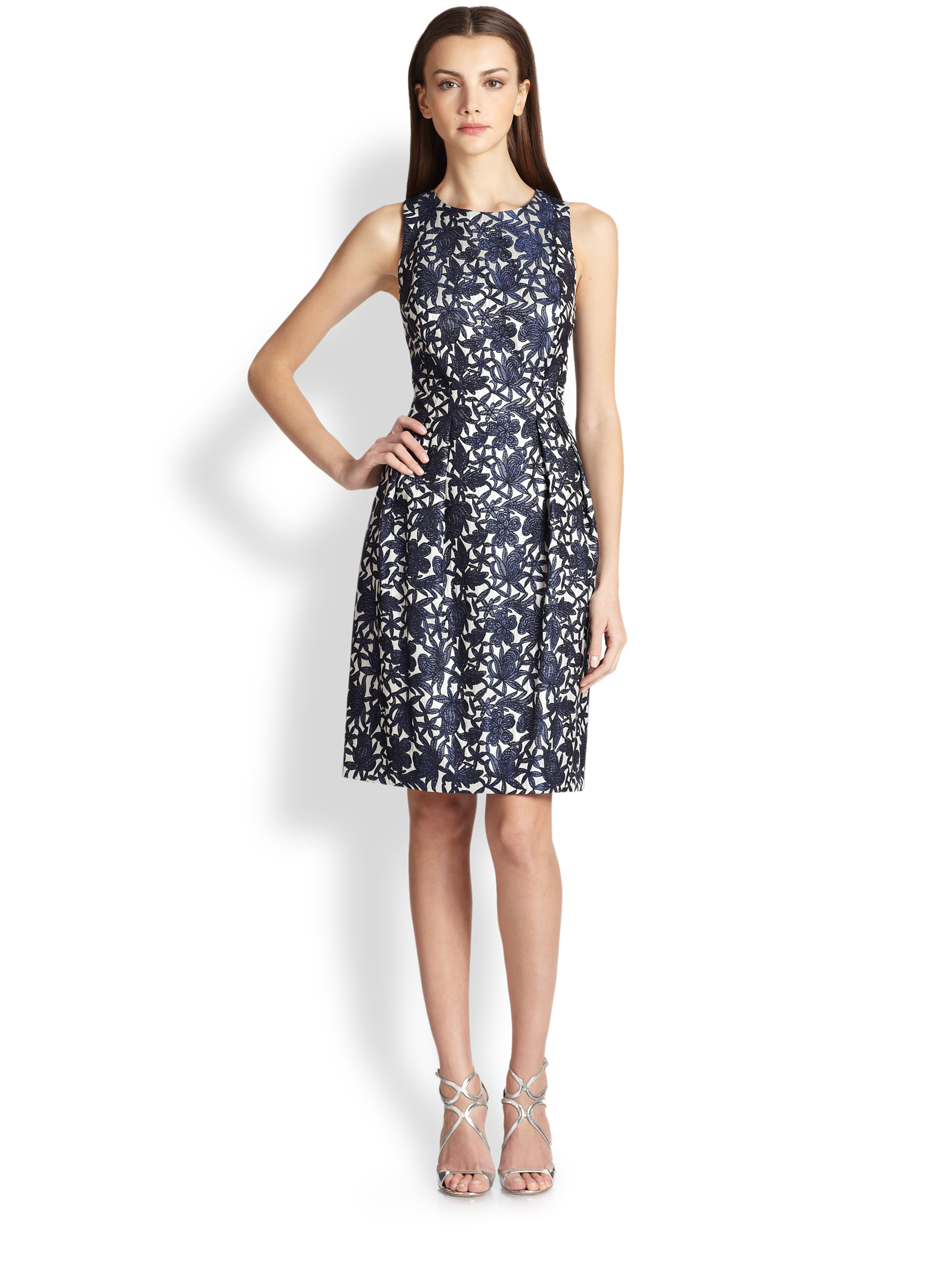 Kay Unger Floral Openback Jacquard Dress in Blue (NAVY WHITE) Lyst