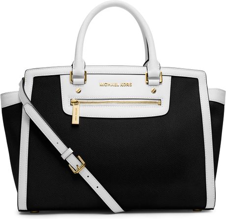 Michael Michael Kors Large Selma Topzip Satchel in White (BLACK)