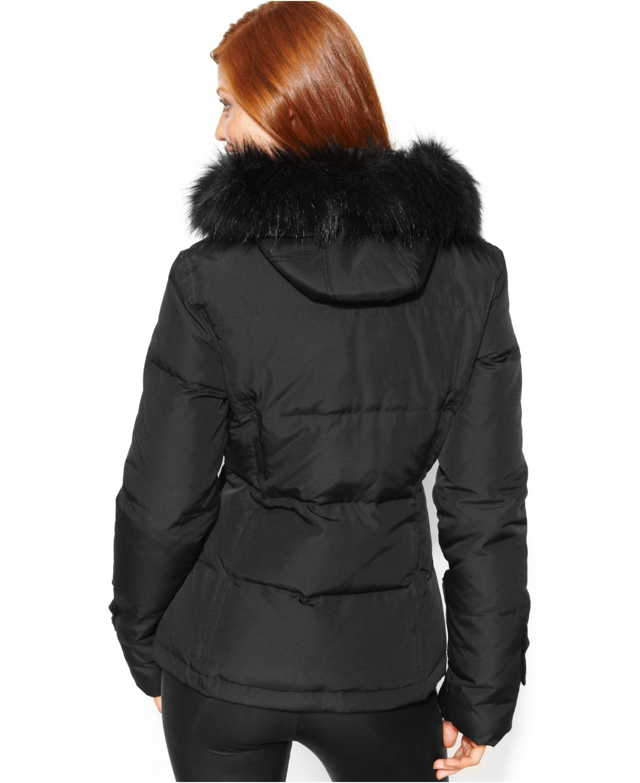 Calvin Klein Hooded Faux Fur Trim Quilted Puffer Coat In Black Lyst 