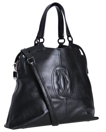 Cartier Black Leather Logo Top Stitched Top Handle Bag - Lyst