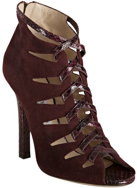 Jimmy Choo Bordeaux Suede and Snakeskin Kassidy Peep Toe Booties in Purple (bordeaux) - Lyst