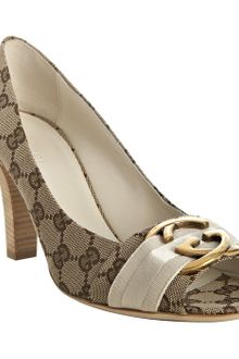 Gucci Beige Gg Canvas Interlocking Peep-toe Pumps - Lyst