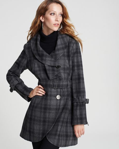 Guess Military Belted Plaid Coat in Gray (Black White) | Lyst