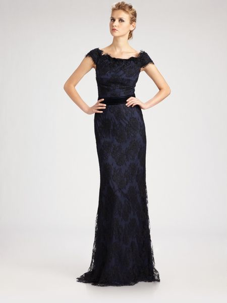 Tadashi Shoji Lace Off The Shoulder Gown in Blue (midnight) - Lyst
