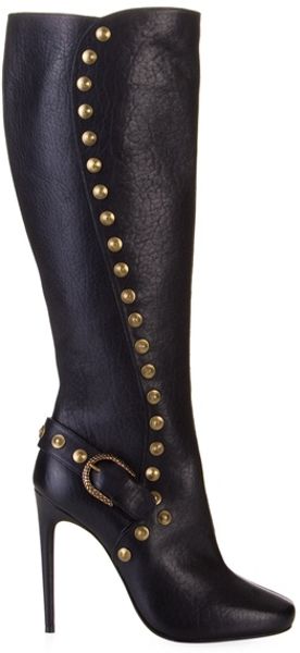 Roberto Cavalli Black Leather Stud Knee High Boots in