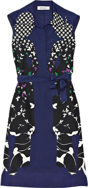 Yves Saint Laurent Printed Silk Crepe De Chine Dress in Blue (black) - Lyst