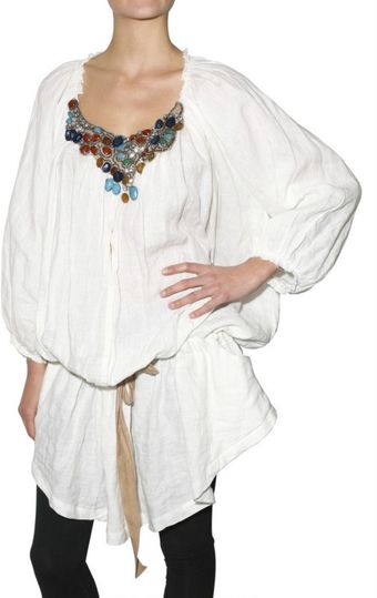 Laneus Embroidered Neck Linen Dress - Lyst