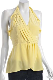 BCBGMAXAZRIA Lime Yellow Silk Pleated Halter Top - Lyst