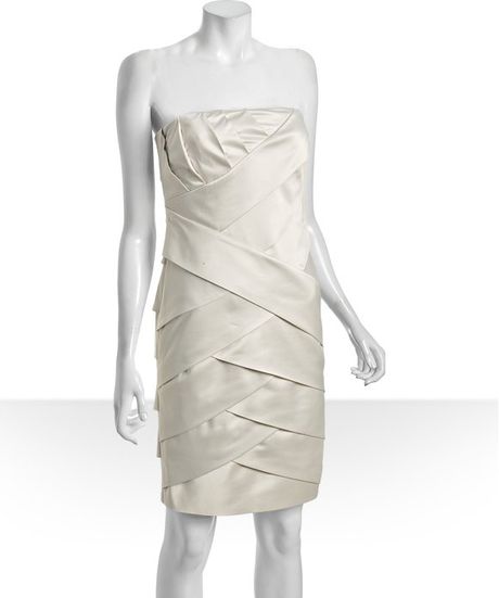 Calvin Klein Putty Stretch Satin Strapless Pleated Dress in White ...