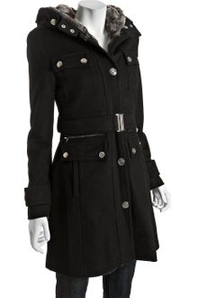 Laundry By Shelli Segal Black Wool Blend Faux Fur Trim Hooded Coat - Lyst