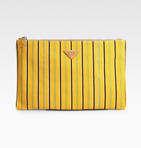 Prada Striped Canvas Clutch in Yellow - Lyst