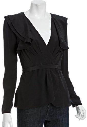 BCBGMAXAZRIA Black Silk Wrap Ruffle Blouse - Lyst
