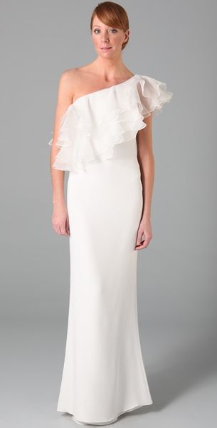 Notte By Marchesa One Shoulder Column Gown with Organza Ruffle in White - Lyst