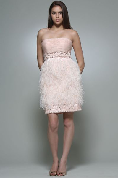 Sue Wong Strapless Feather Dress in Blush in Pink (blush) - Lyst