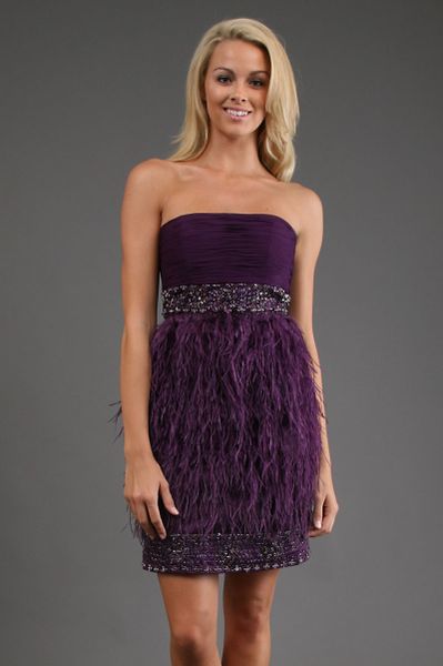 Sue Wong Eggplant Strapless Feather Mini Dress in Purple (eggplant) - Lyst