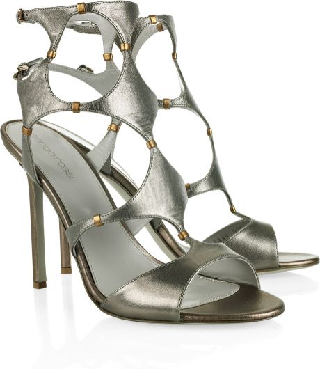 Sergio Rossi Cutout Metallic Leather Sandals In Silver Lyst