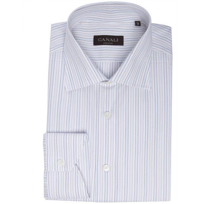 Canali White Pin Striped Spread Collar Dress Shirt In