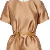 3.1 Phillip Lim Belted Satin Peplum Top in Brown (caramel) - Lyst