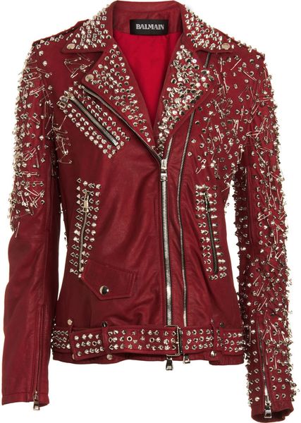 Balmain Studded Biker Jacket in Red - Lyst