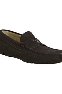 Prada Brown Suede Logo Moc Loafers - Lyst