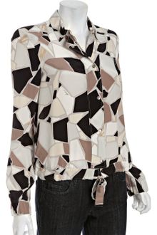 Gucci Taupe Printed Silk Zip Front Blouse - Lyst