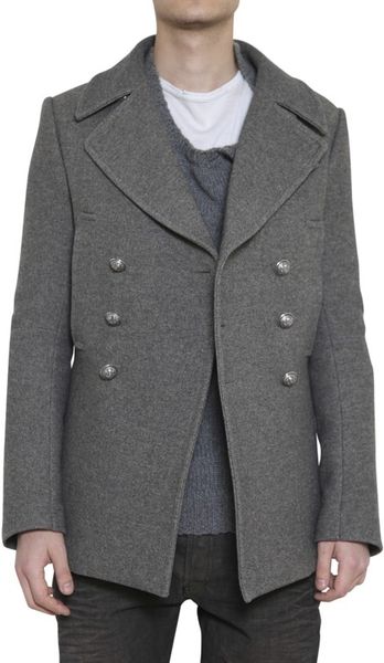 Balmain Double Breasted Wool Cloth Coat in Gray for Men (grey)