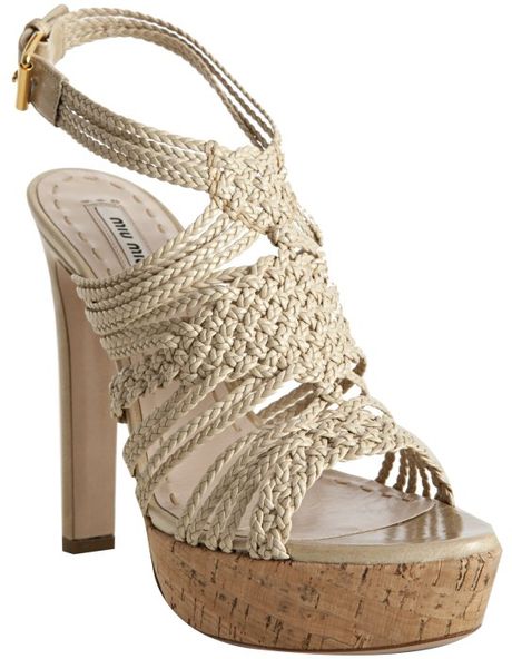 Miu Miu Quartz Leather Woven Platform Sandal in Beige (tan) - Lyst