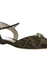 Fendi Tobacco Zucca Jeweled Flat Slingbacks