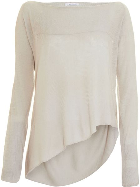 Helmut Lang Asymmetric Hem Sweater in Beige (newsprint) - Lyst