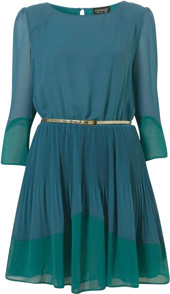 Topshop Teal Colour Block Pleated Dress - Lyst