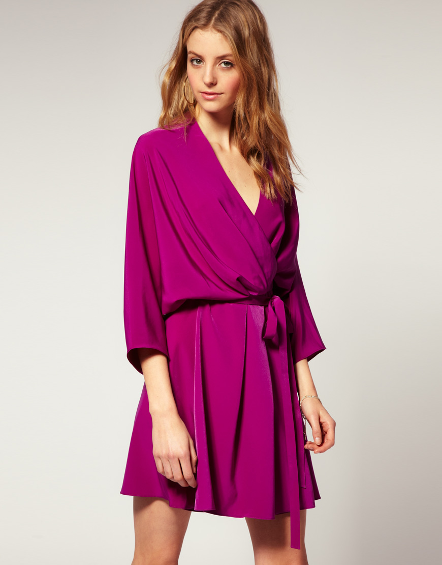 Asos Collection Asos Wrap Dress With Kimono Sleeves In Pink Hollyhock