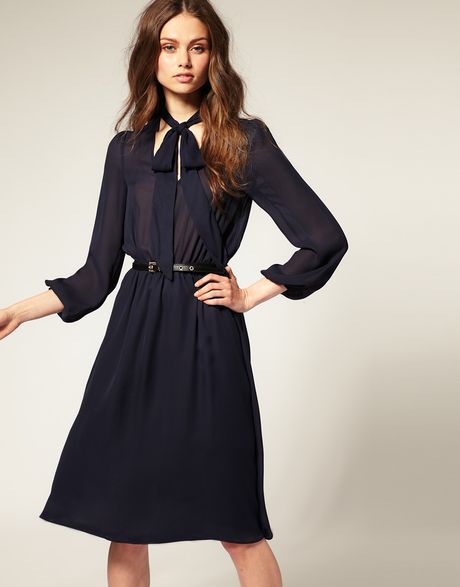 asos-collection-navy-asos-pussybow-midi-dress-with-elastic-waist ...