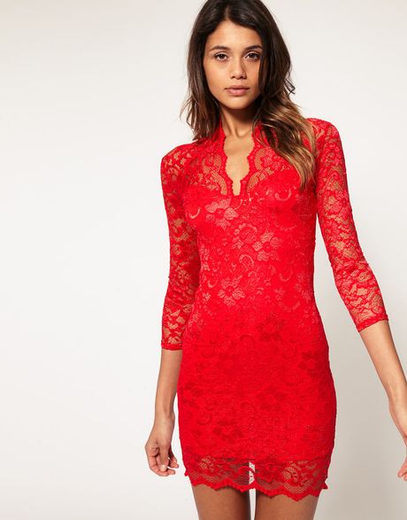 Asos Collection Asos Lace Dress with Scalloped Neck in Red - Lyst