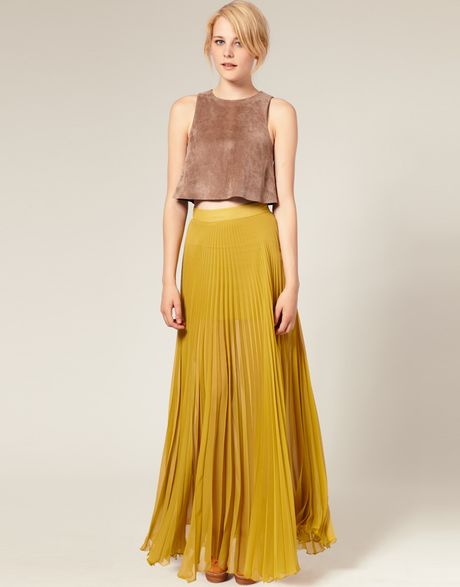Asos Collection Asos Pleated Maxi Skirt in Yellow (olive) | Lyst