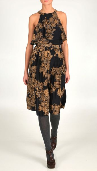 Tibi Normandy Silk Pleat Skirt in Brown (navy multi) - Lyst