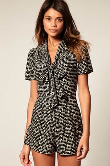 ASOS Collection Asos Geo Print Pussybow Playsuit - Lyst