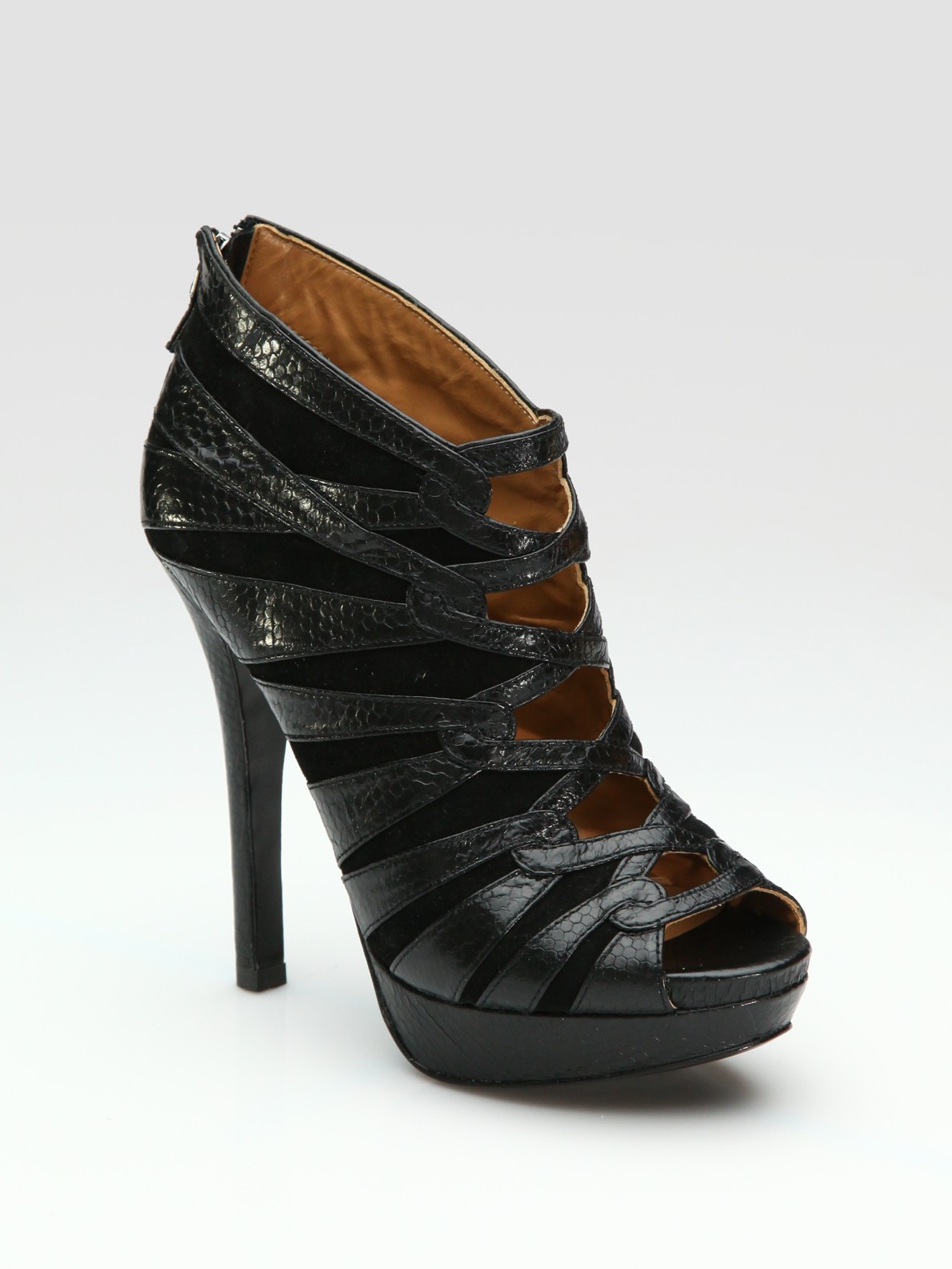 Elie Tahari Claudette Suede and Snakeprint Leather Peep