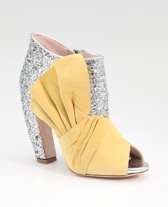 Miu Miu Glitter & Suede Bow Peep Toe Ankle Boots - Lyst