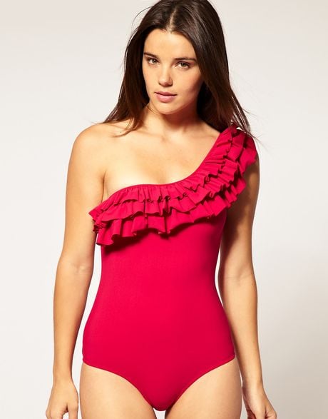 Mouille Mouille Chloe Frill One Shoulder Swim Suit In Red Applered