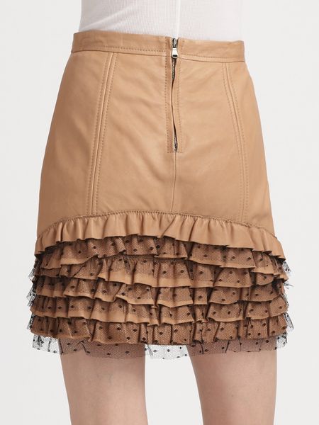 Red Valentino Leather and Lace Ruffle Skirt in Beige (camel) | Lyst