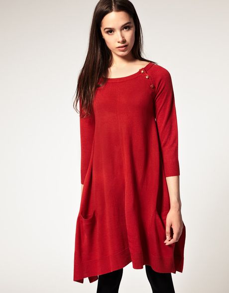Asos Collection Asos Knitted Dress with Trapeze Button Detail in Red (darkred) - Lyst