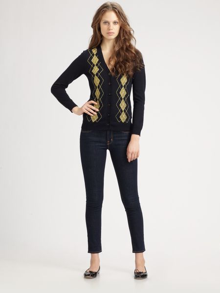 Milly Embroidered Argyle Cardigan in Blue (midnight) - Lyst