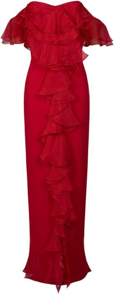 Notte By Marchesa Ruffled Orgz Cascade Gown in Red - Lyst