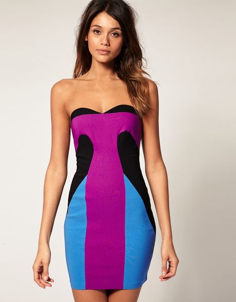 Asos Collection Asos Bandeau Dress in Colour Block in Blue (blackbluepink) - Lyst