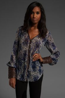 Elizabeth And James Chantal Ruched Leather Sleeve Blouse - Lyst
