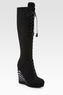 Yves Saint Laurent Suede Lace-up Knee-high Wedge Boots - Lyst