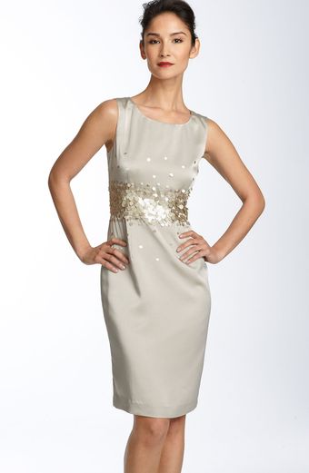  Paillette Stretch Satin Sheath Dress 
