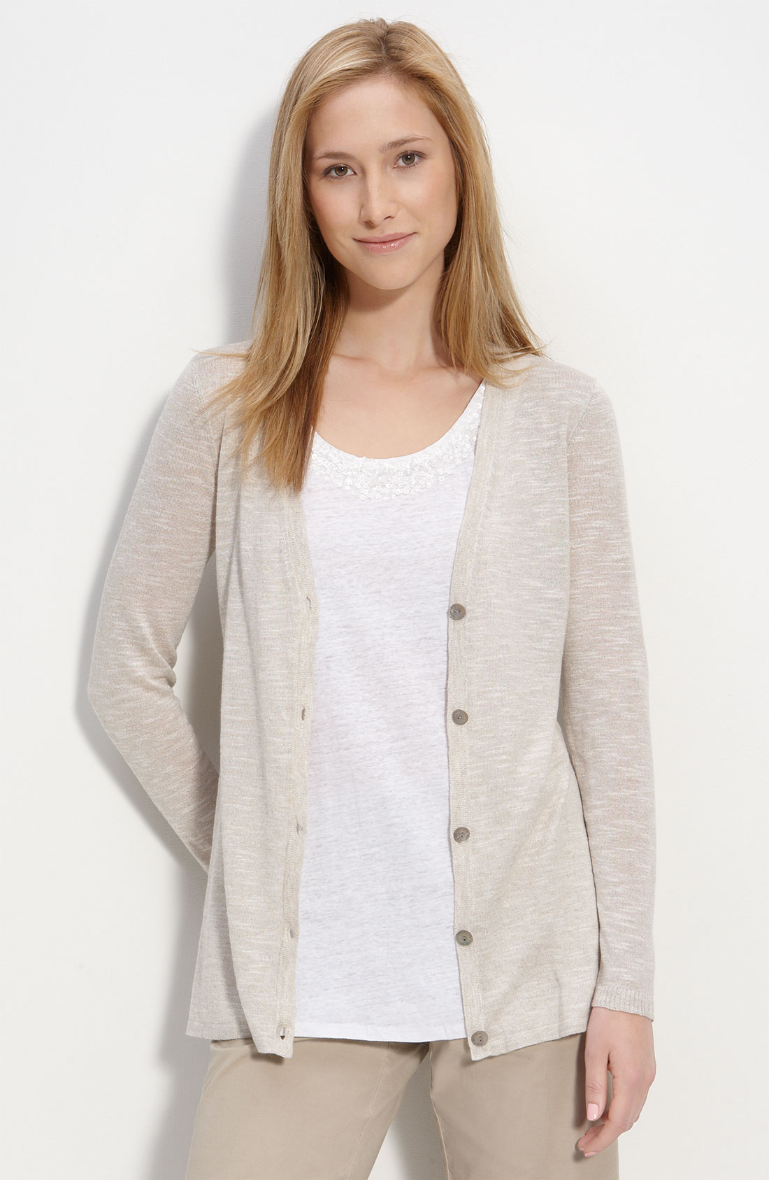 Eileen Fisher Vneck Linen Blend Cardigan (petite) in Beige (light