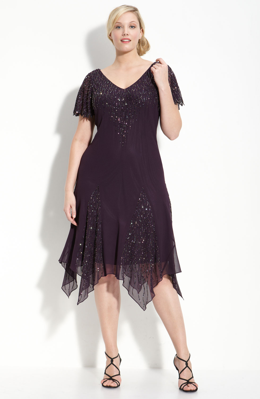 J Kara Beaded Godet Dress in Purple (plum/wine/shaded)